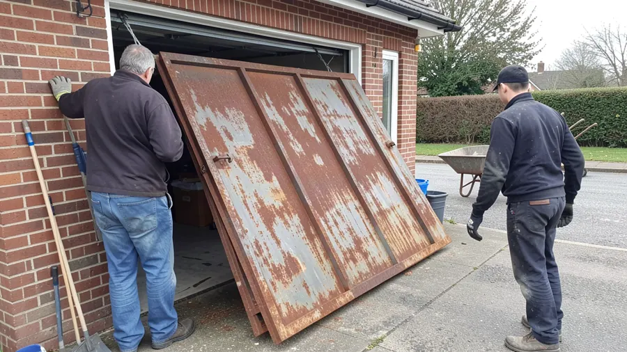 An old garage door being lifted out of its frame, with a skip waiting on the drive