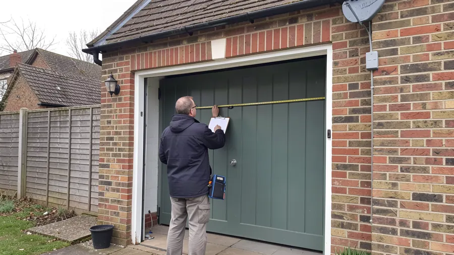 Surveyor with a tape measure recording the width of a garage door opening