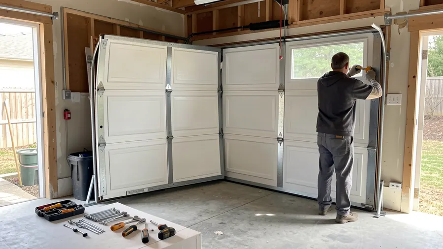 A new sectional garage door part-way through being fitted to a brick opening