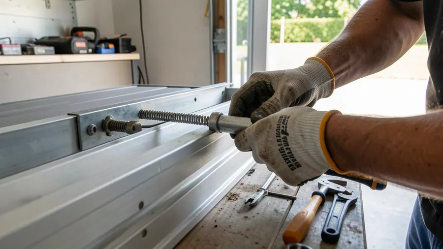 A technician refitting torsion springs and cables on a one-piece garage door